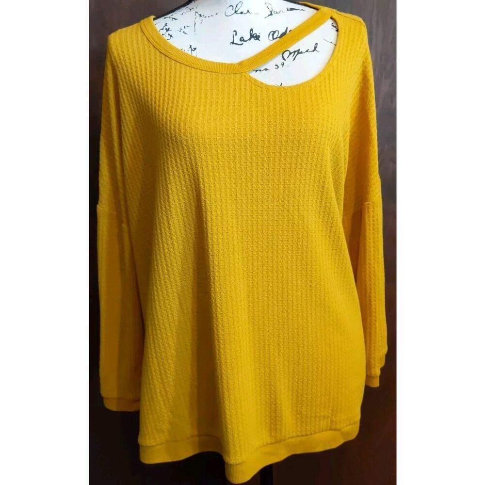 Cato Size XL 3/4 Sleeve Thermal Boho Cutout Top Blouse Mustard stretch casual